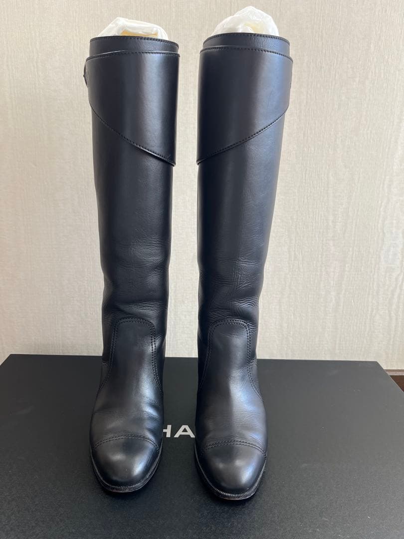 CHANEL シャネル バックルベルト カーフスキン ブラック ハイブーツ 38