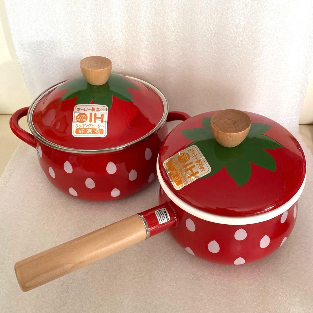 ユーカンパニー　レトロ ポップ いちご柄ホーロー製　片手鍋 両手鍋セット