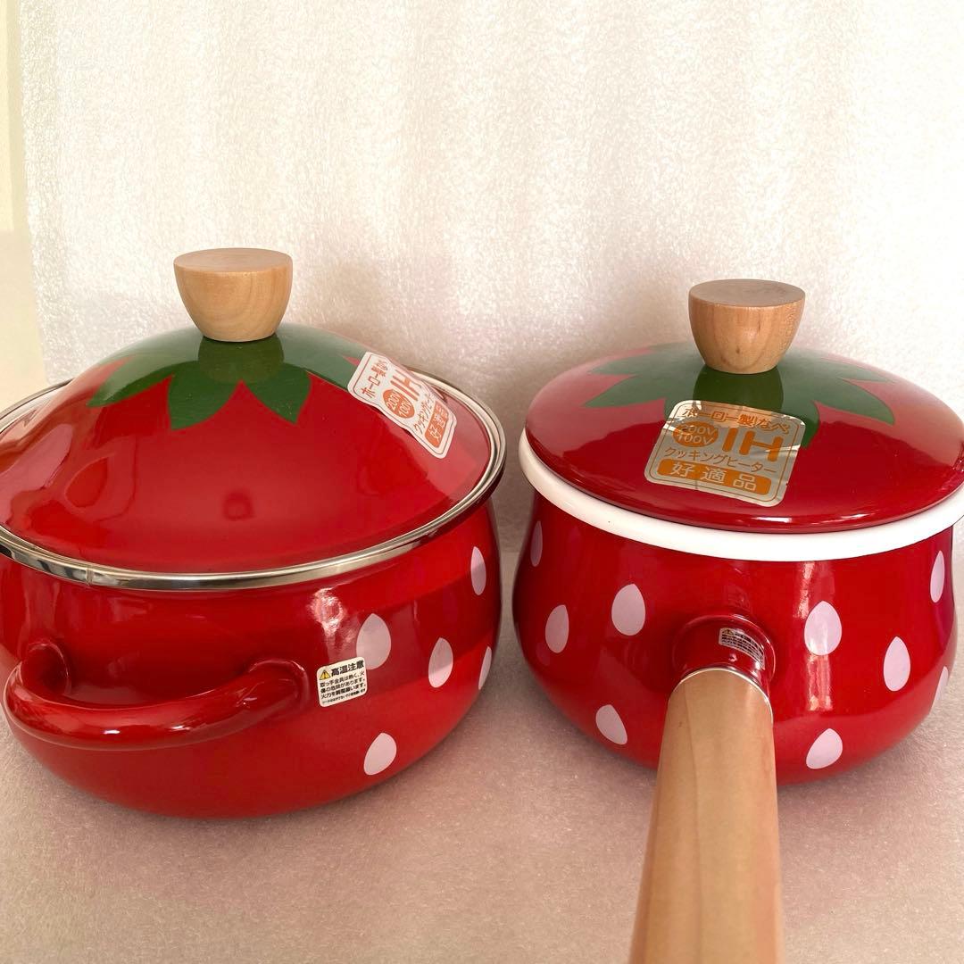 ユーカンパニー　レトロ ポップ いちご柄ホーロー製　片手鍋 両手鍋セット