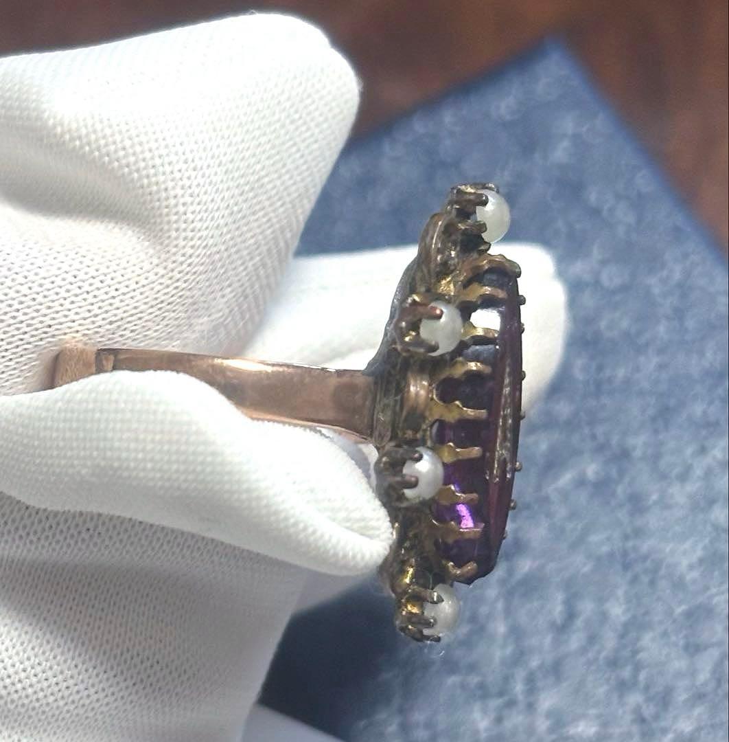 フランス アンティーク リング 指輪 ガラス パール パープル 鑑別書付き