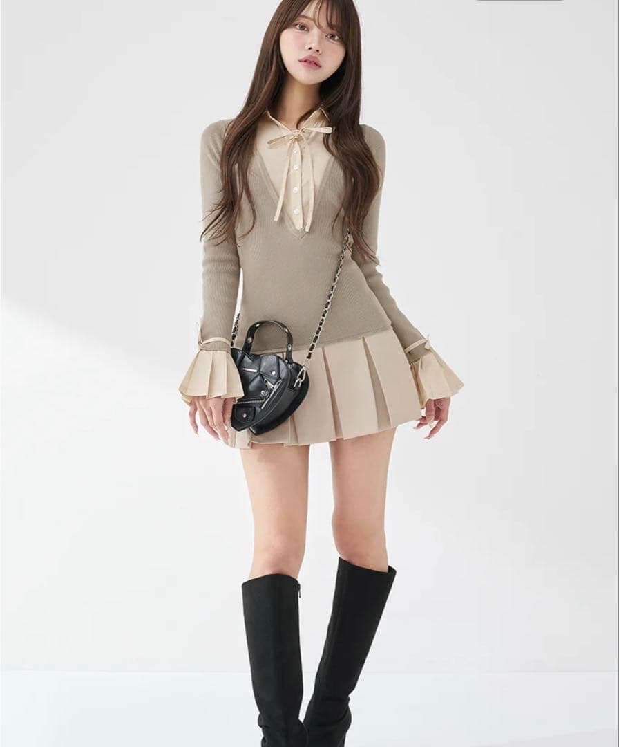 Darichダーリッチ シャツドッキングプリーツミニワンピース GRY FREE