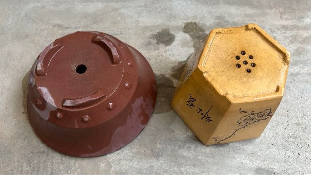 中国鉢2点セット！　刻印入りと針彫りの支那鉢　盆栽