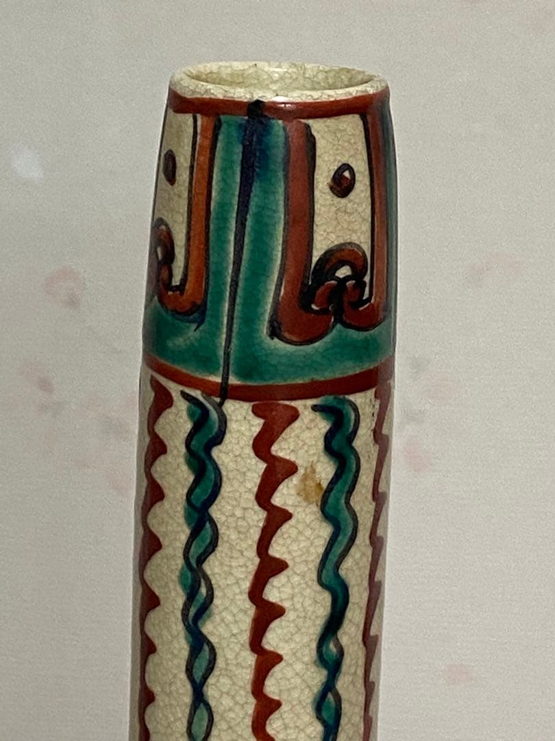 ♦赤絵 赤玉 瓔珞 鋸歯 紋様 鶴首瓶 徳利 九谷焼 越中八尾 大正時代 骨董品