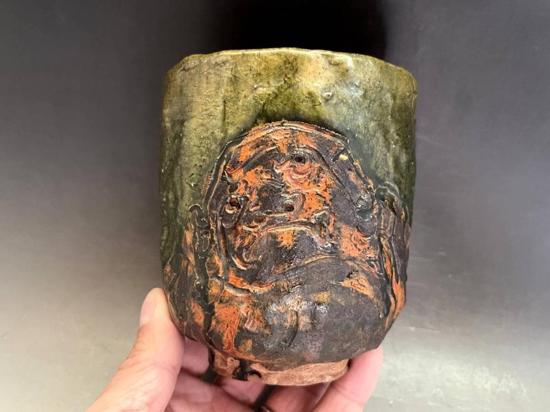 湯飲み■時代物 達摩図緑釉筒茶碗（江戸期）古織部 湯呑 箱入り 時代物 骨董品■