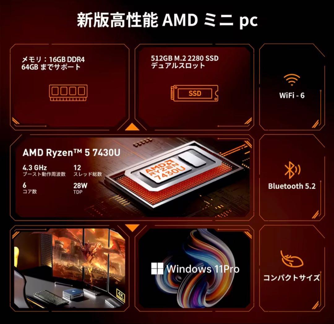 新品NIPOGI ミニpc AMD Ryzen 5 7430U