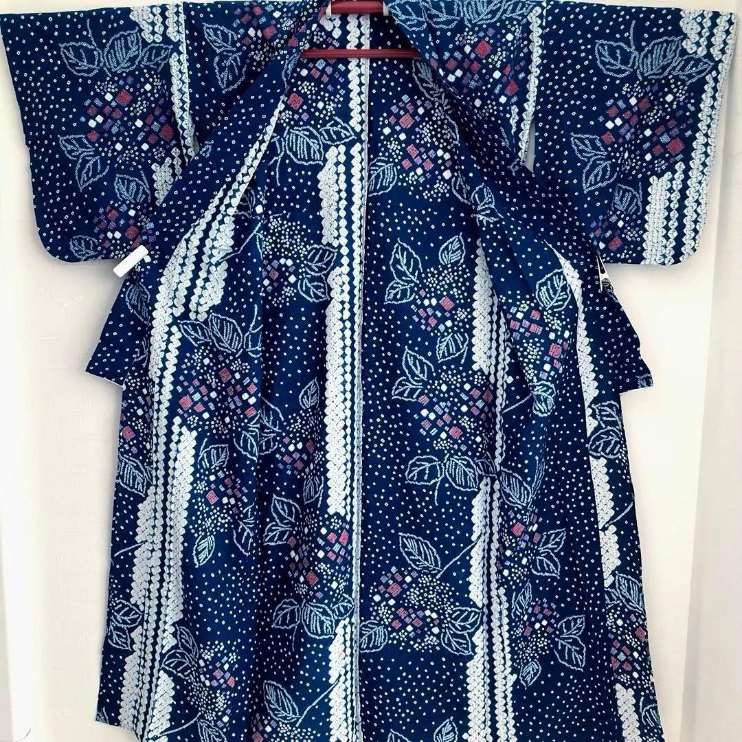 有松絞り浴衣・蜘蛛絞り　青緑　紫陽花　手縫い　絞り浴衣　裄70cm No7-15