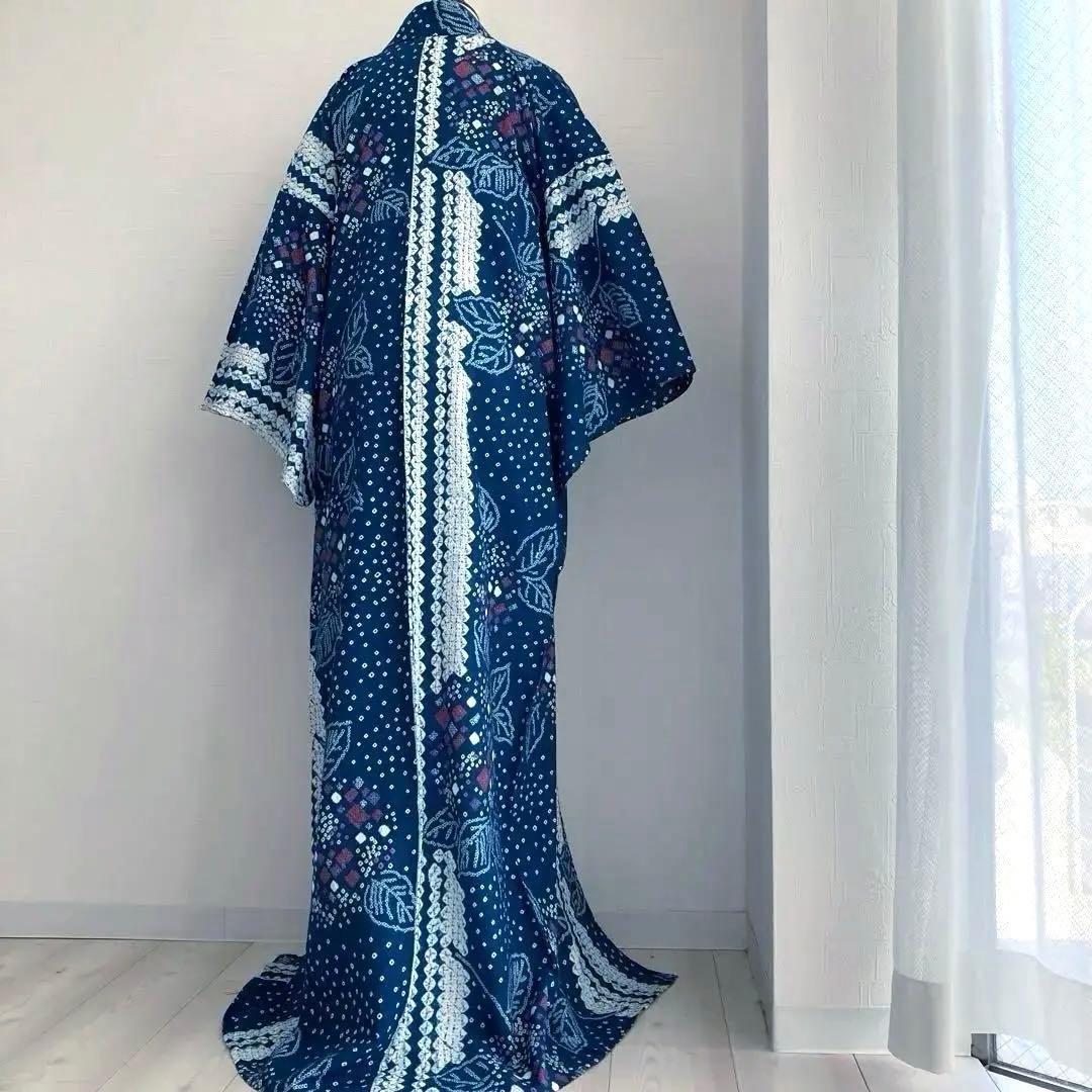 有松絞り浴衣・蜘蛛絞り　青緑　紫陽花　手縫い　絞り浴衣　裄70cm No7-15