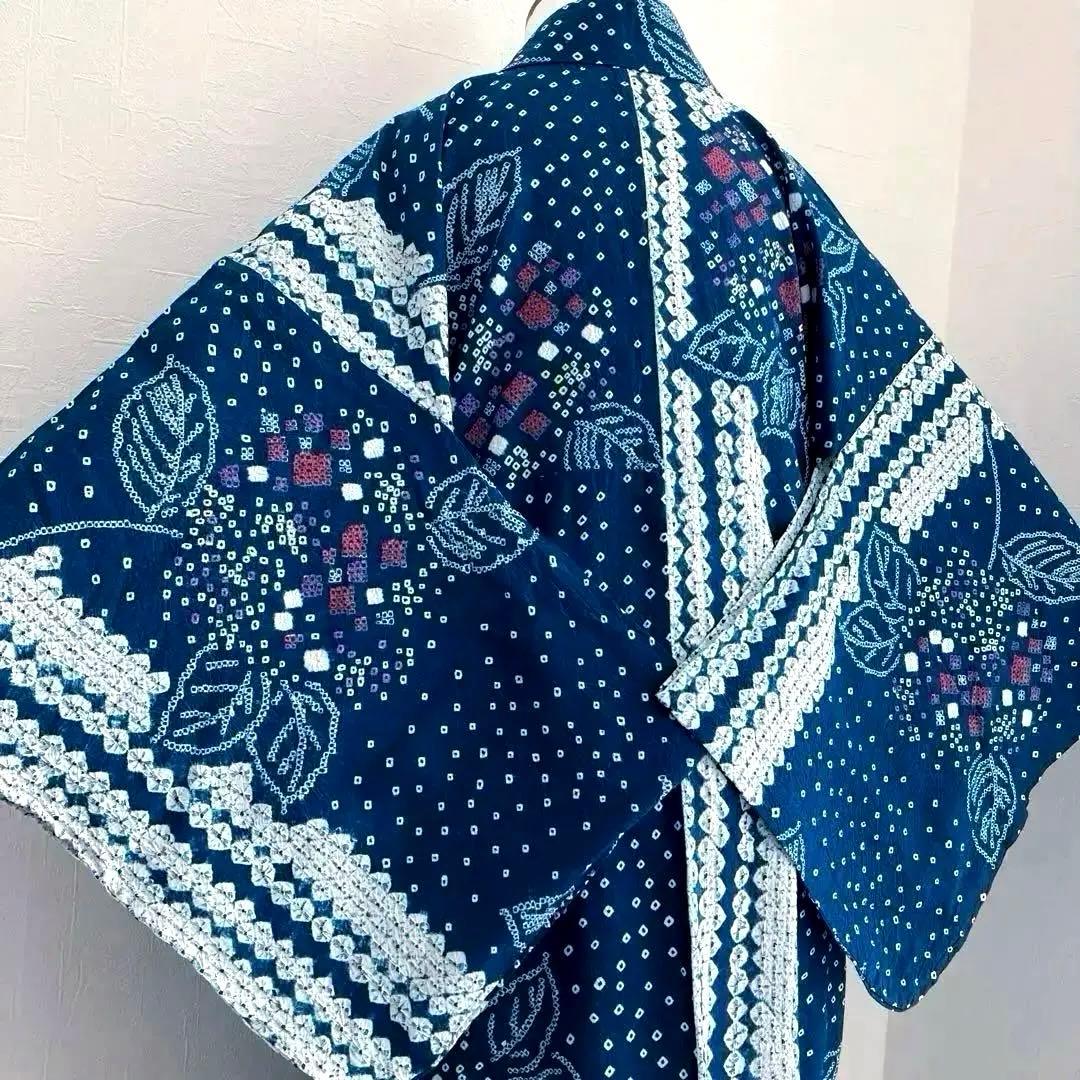 有松絞り浴衣・蜘蛛絞り　青緑　紫陽花　手縫い　絞り浴衣　裄70cm No7-15