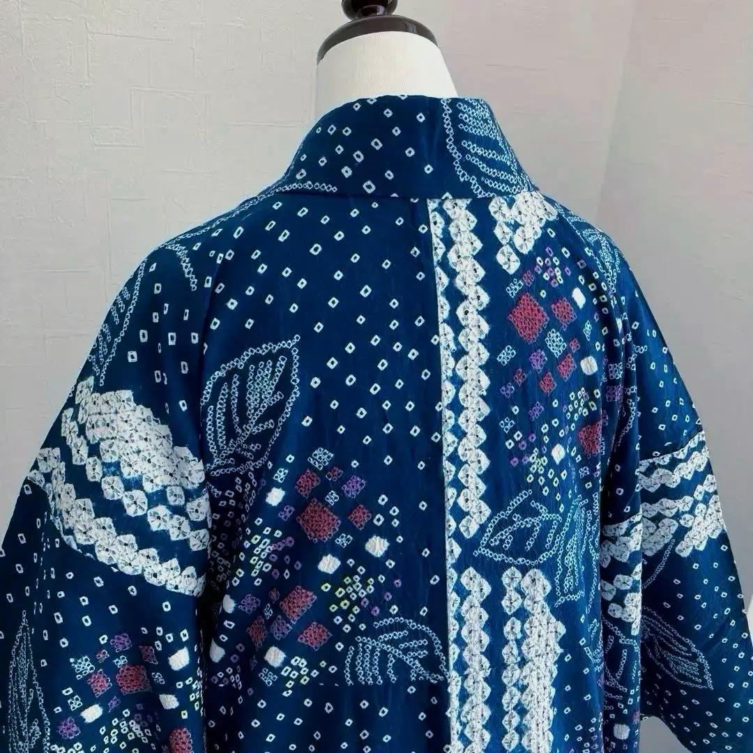 有松絞り浴衣・蜘蛛絞り　青緑　紫陽花　手縫い　絞り浴衣　裄70cm No7-15