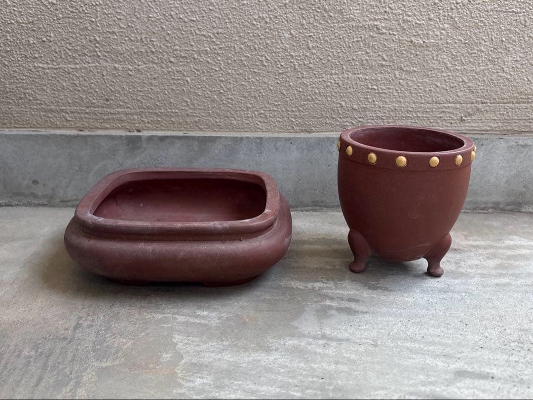 盆栽鉢2点セット！中国鉢　刻印入り　盆栽　中国宜興