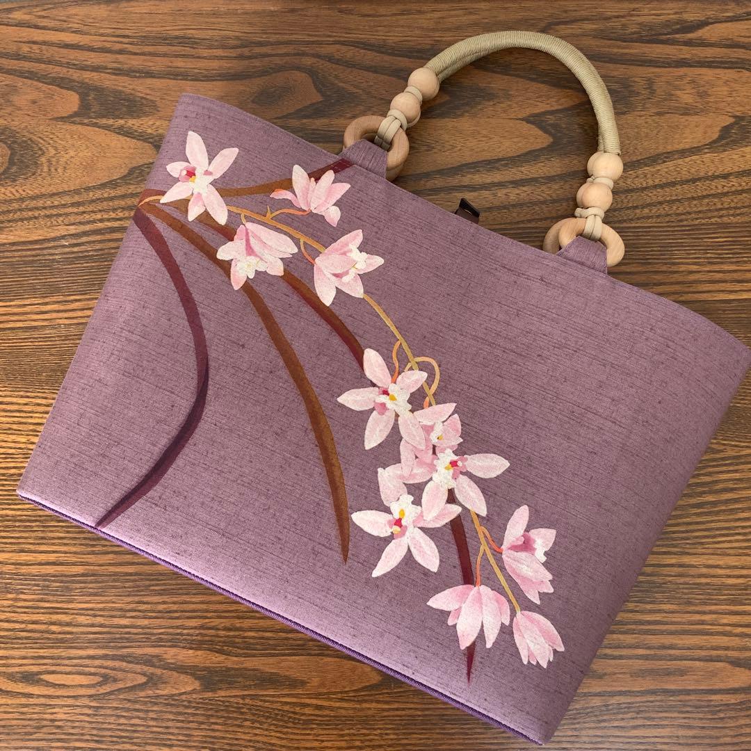 A4サイズ対応　紬　蘭のお花　リメイク　リネンコードハンドルバッグ