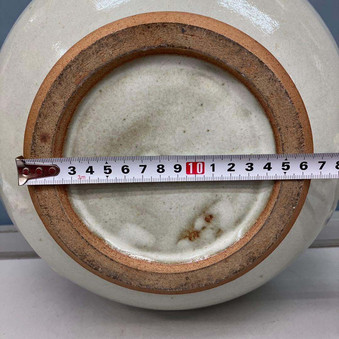 4F 昭和レトロ 陶器製 花瓶 壺型 白×紫 釉薬アート フラワーベース 古道具