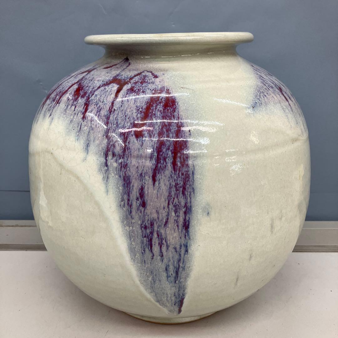 4F 昭和レトロ 陶器製 花瓶 壺型 白×紫 釉薬アート フラワーベース 古道具