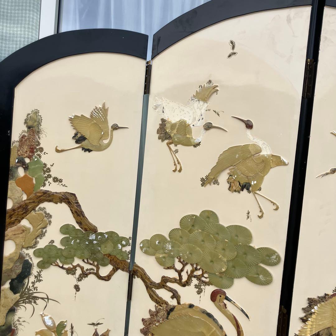 中国骨董 天然石細工 松 鶴 とんぼ 古典画装飾 木製 4連屏風 衝立 間仕切り
