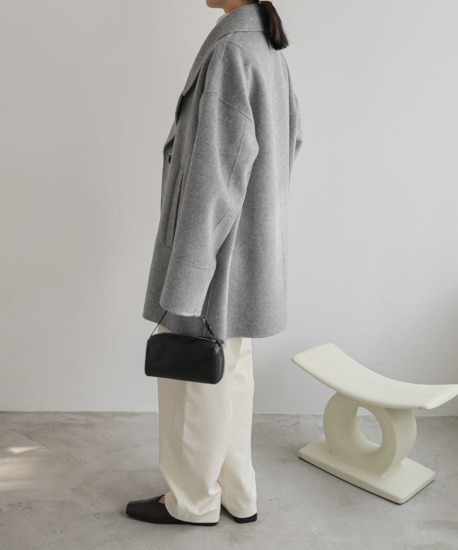 【美品✨️】エバーネイビー ウールリバーピーコート ライトグレー　アンドミー