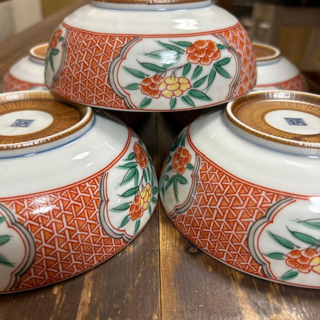 有田焼　龍峯窯　染付　赤絵　中鉢　5個　汁鉢