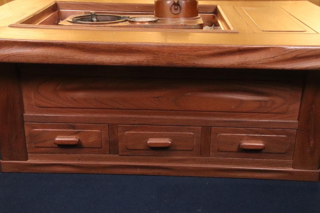 BE419　時代家具　関西火鉢　３尺　天板厚５㎝　純銅製 酒燗器 火箸 灰ならし