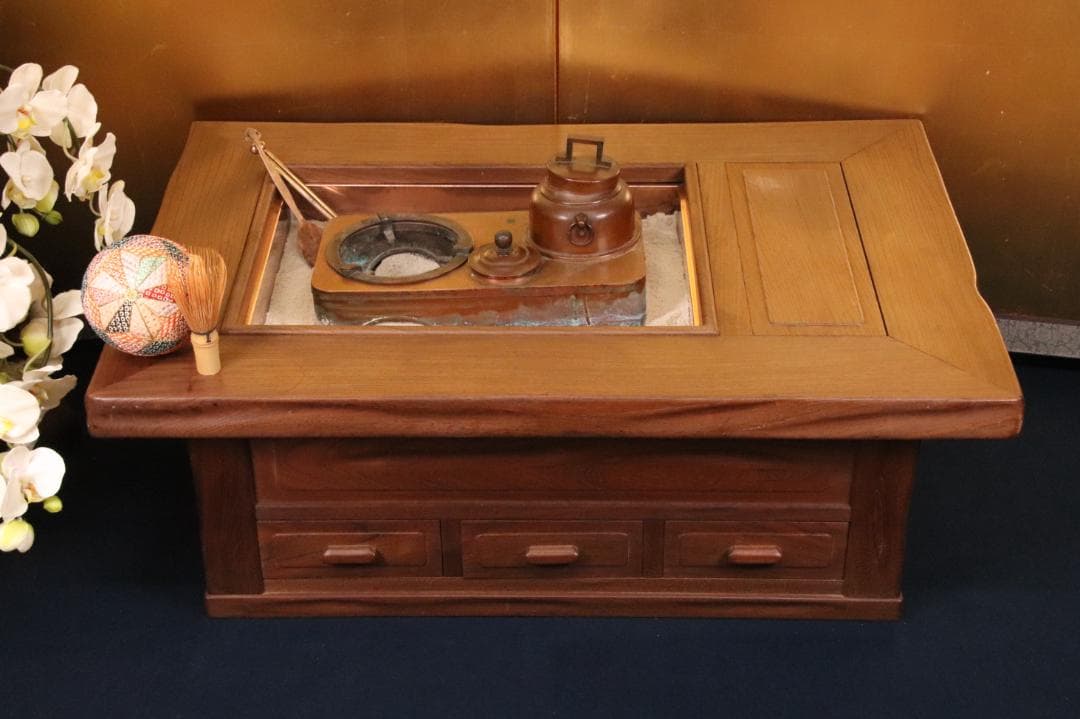 BE419　時代家具　関西火鉢　３尺　天板厚５㎝　純銅製 酒燗器 火箸 灰ならし