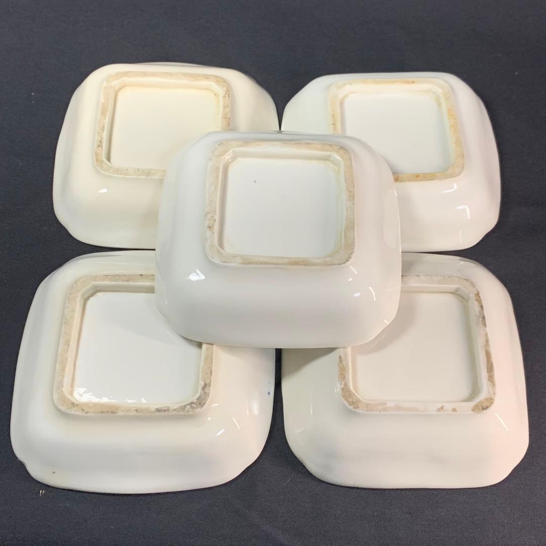 K542☆古い 愛媛 砥部焼 向井製 淡黄磁膾皿 5人前 陽刻 白磁 共箱付