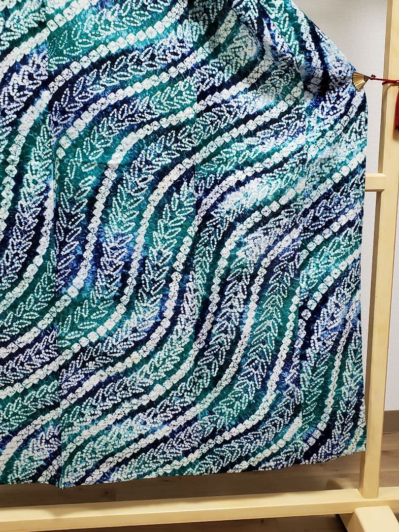 A9 有松鳴海絞り 流れ模様 藍染 エメラルドグリーン 綿 浴衣 着物 K2