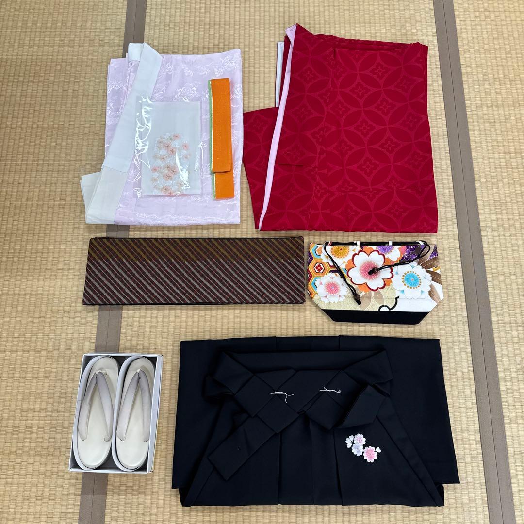 卒業式　２尺袖袴4点セット　赤無地七宝