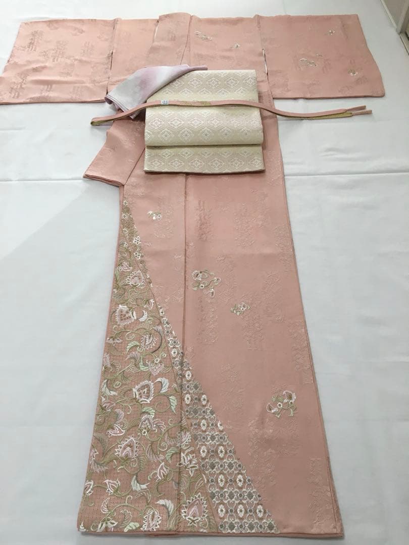 SALE‼️高級感溢れる【訪問着】手刺繍　地紋　正絹　逸品　　裄長め