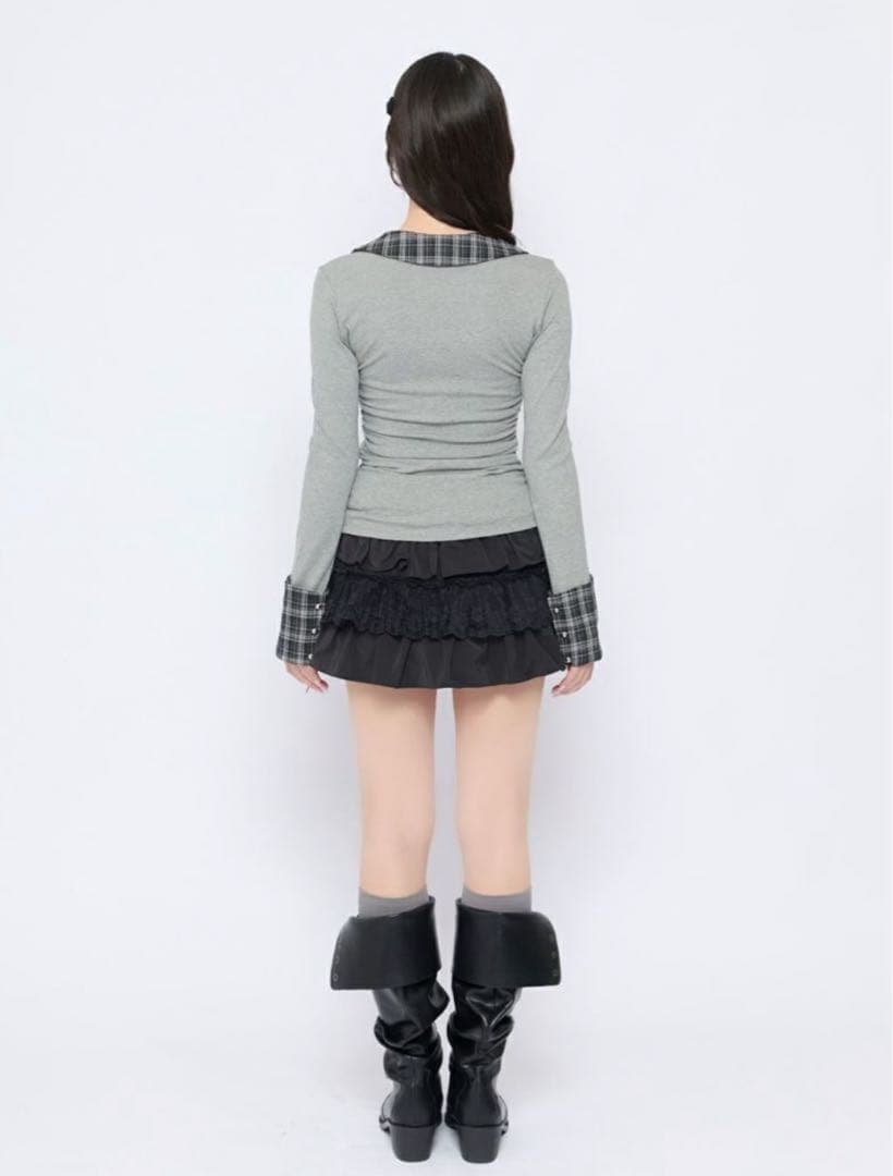 BUBBLES ギャザーリボンシャツトップス グレー