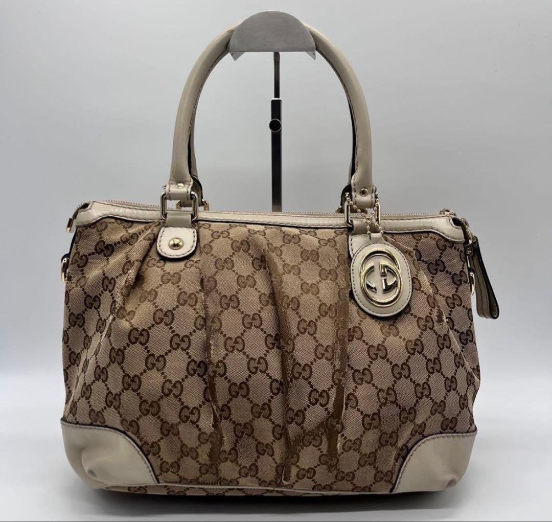 グッチ スーキー GG柄 ハンドバッグ キャンバス レザー 白