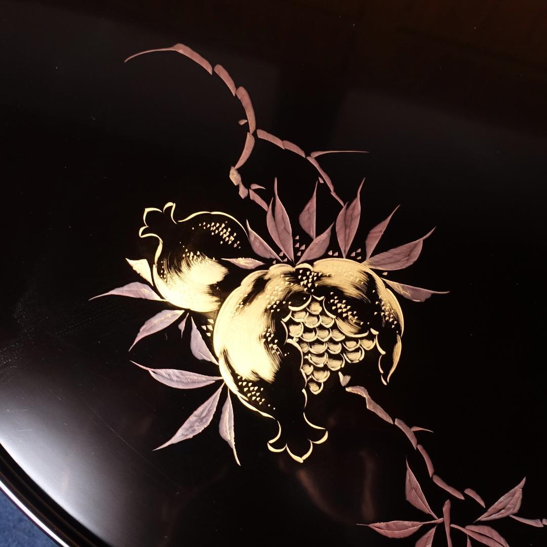 最終値下 輪島塗 黒塗 沈金柘榴文 楕円形盆 卓上膳 5客 共箱