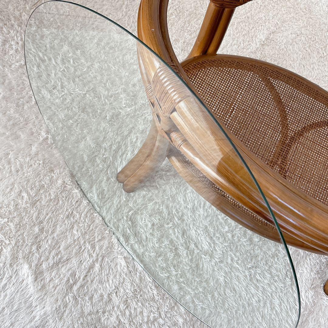 オールド 小泉】ガラストップ 籐 ラタンテーブル　　センターテーブル レトロ