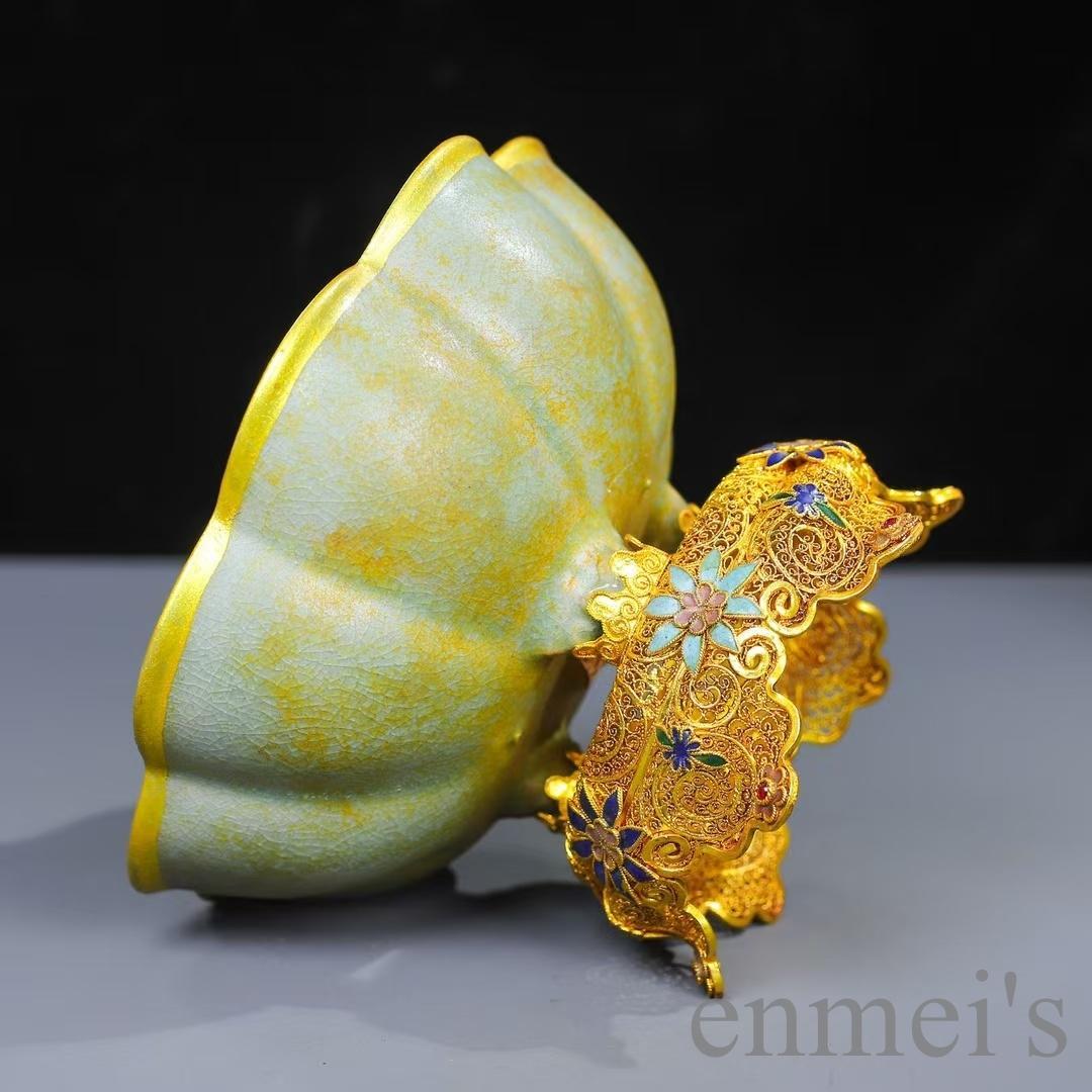 中国古美術 掐絲七宝 黄緑色 八弁花形茶碗 鍍金供盤 純銅製 仏具 供物器 茶具