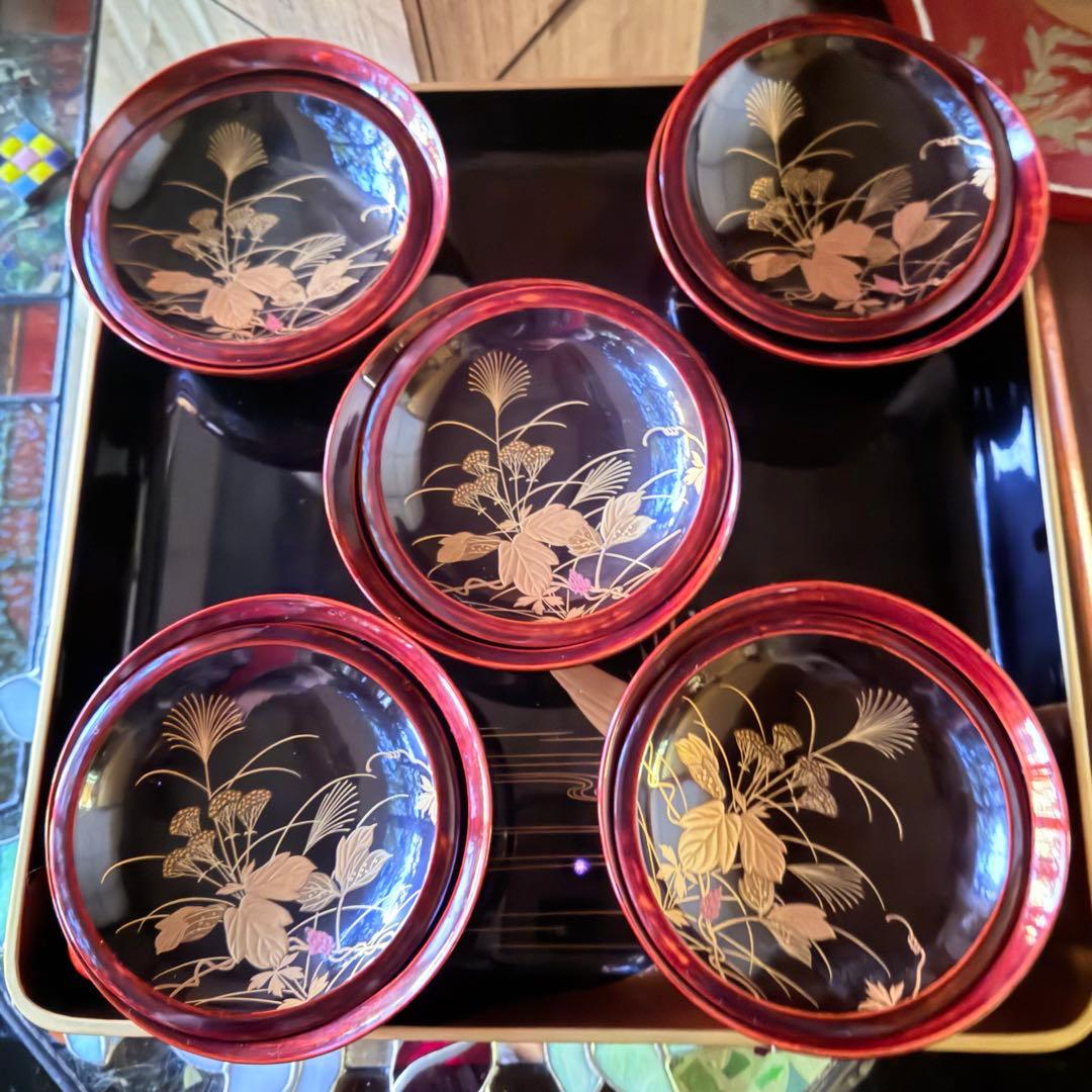 2215様感謝‼️感謝特別価格‼️超絶JAPAN蒔絵あけぼの❌黒蒔絵茶懐石吸物椀5客