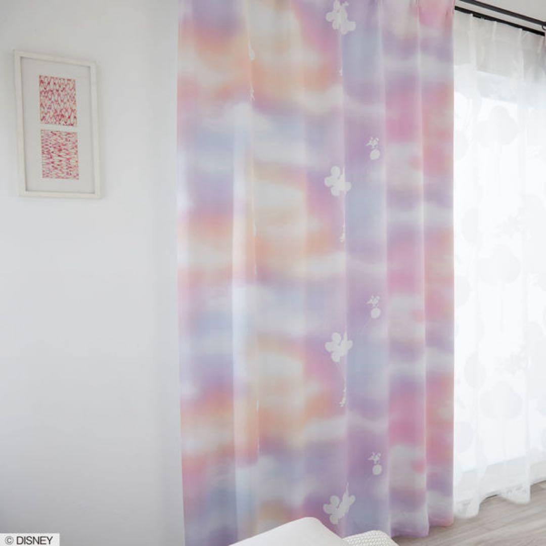 カーテン　ディズニー　ミッキーメロウ タッセル付き　ピンク