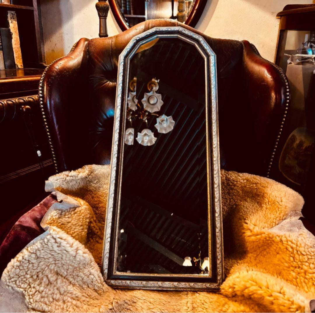 湯布院アンティーク イタリアウォールミラー八角形 凸ガラス 金彩装飾 ロココ姿鏡