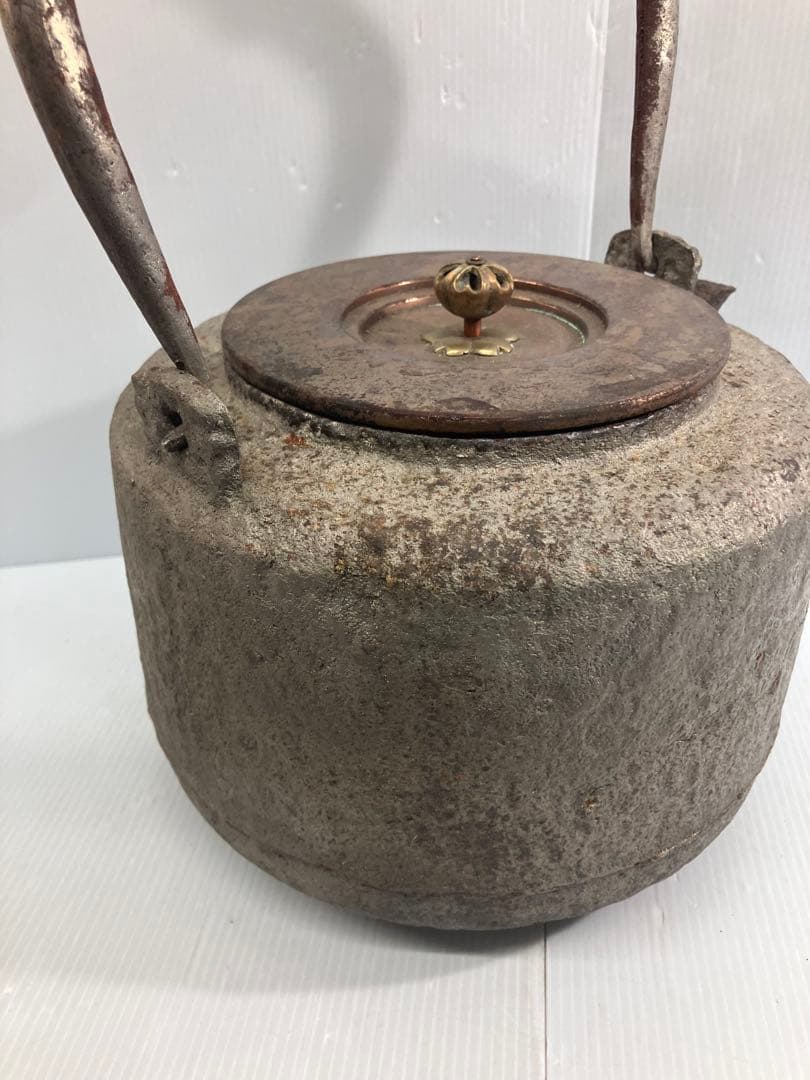 【時代物】青龍堂造鉄瓶 岩肌 銅蓋 京鉄瓶 煎茶道具 茶道具 骨董 アンティーク