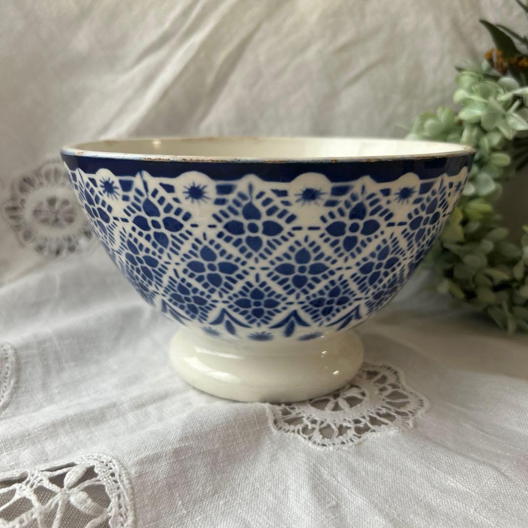 【希少】モロッコ柄　レース柄　青色カフェオレボウル　フランスアンティーク
