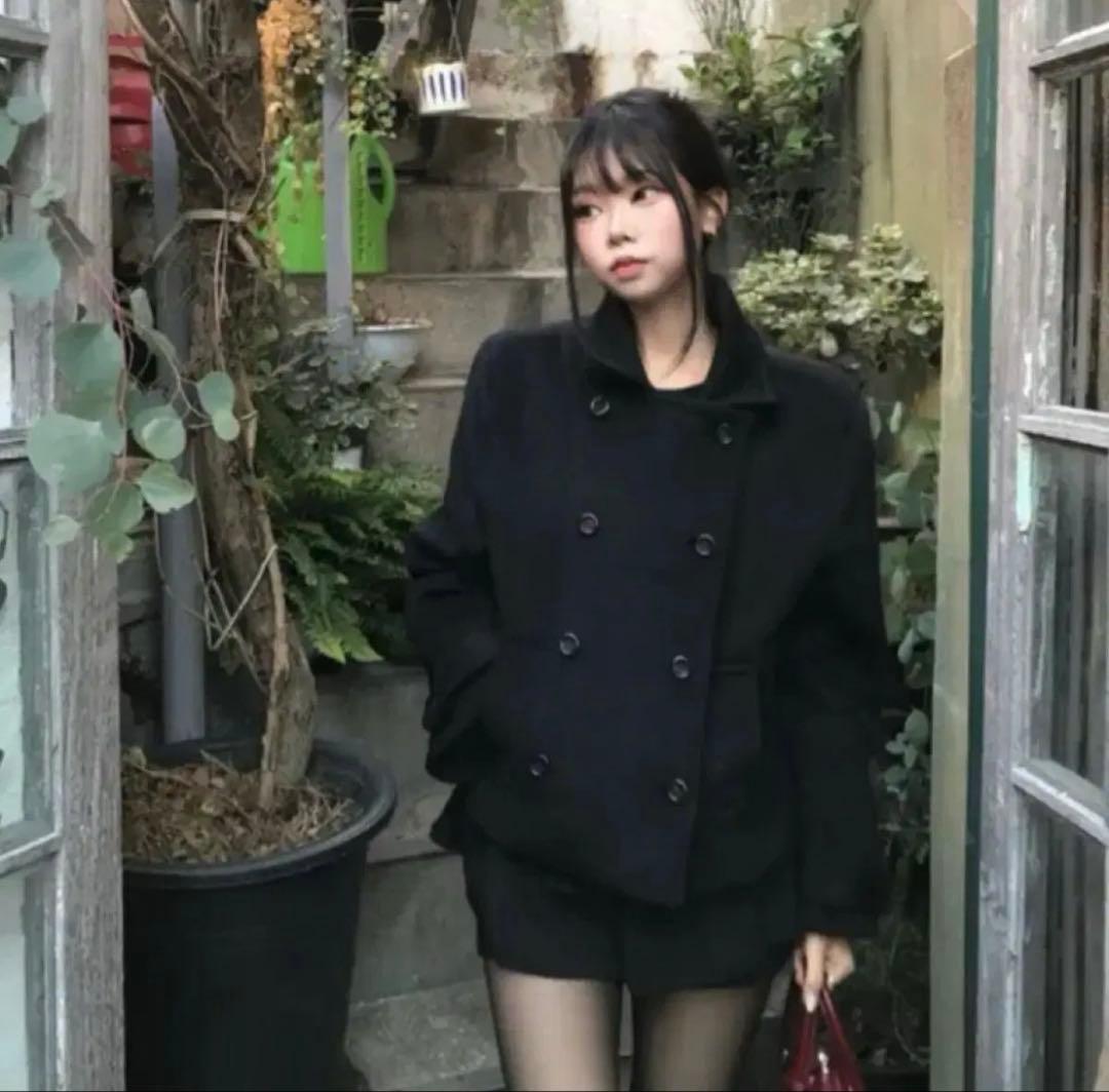 ダブルブレスト ピーコート ブラック ワンホン クラシックボタンショートコート