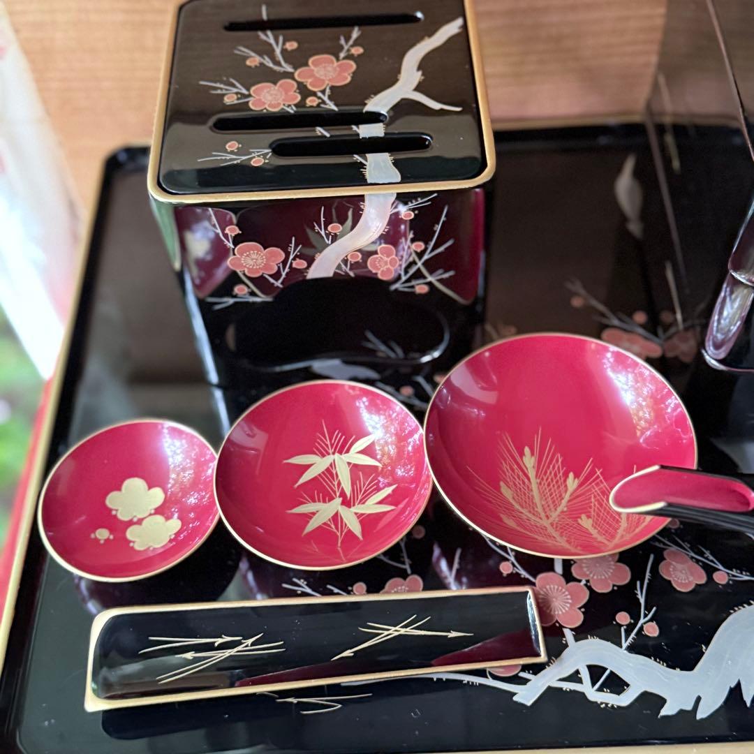 2192様感謝‼️JAPAN輪島塗お屠蘇器七つ揃い『松竹梅鶴』塗師松竹梅落款元箱入