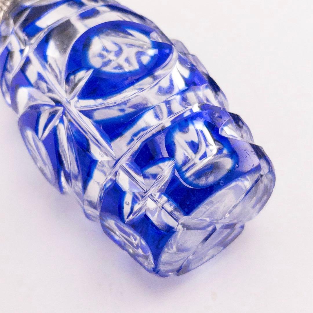 英国製 純銀蓋 19世紀 アンティーク ブルー カットグラス 香水瓶