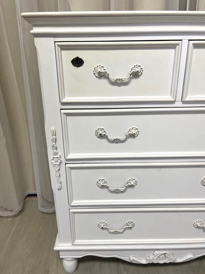 ロココ アンティーク キー付 フレンチ ホワイト チェスト