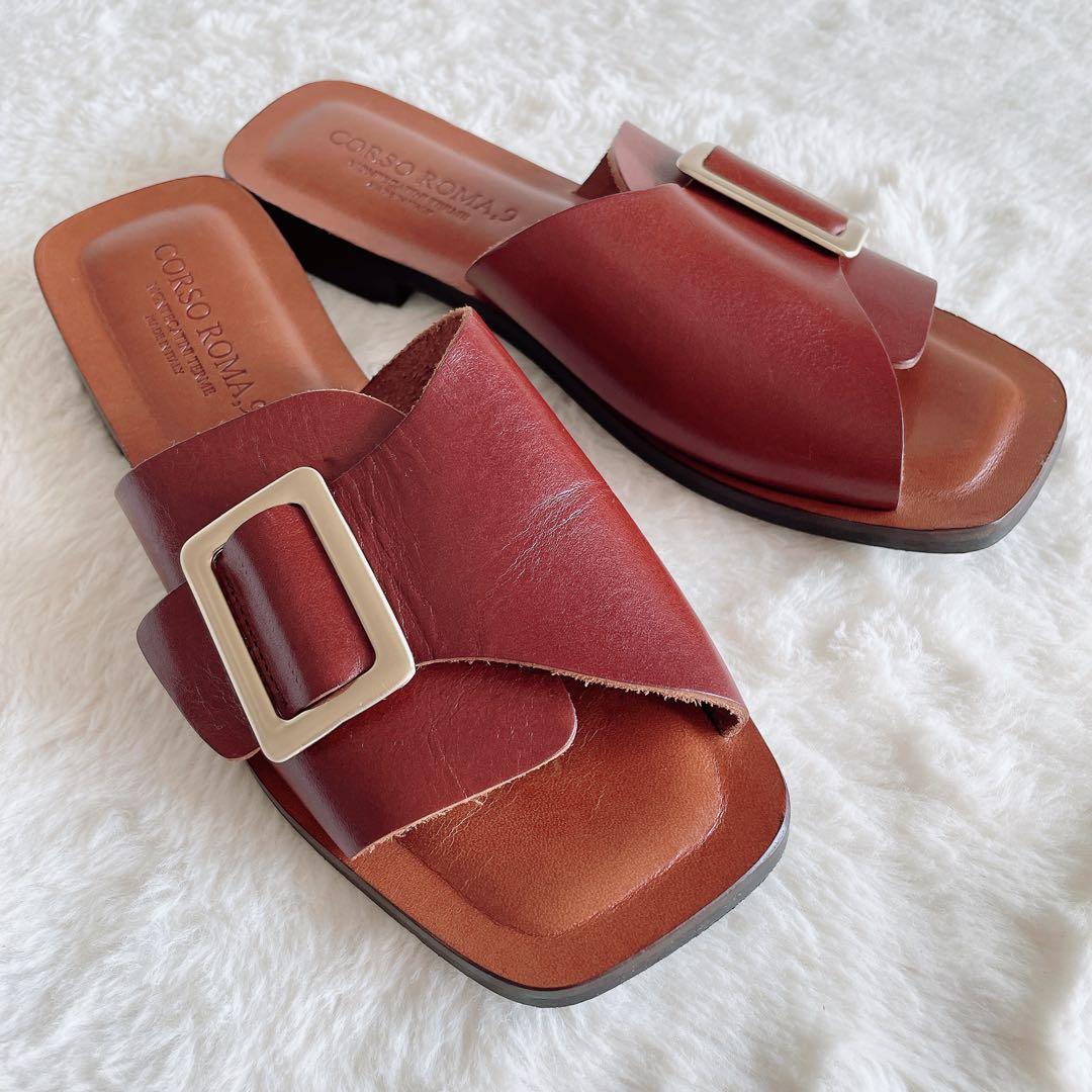 極美品 コルソローマ フラットサンダル ビッグバックル スクエアトゥ 37 茶