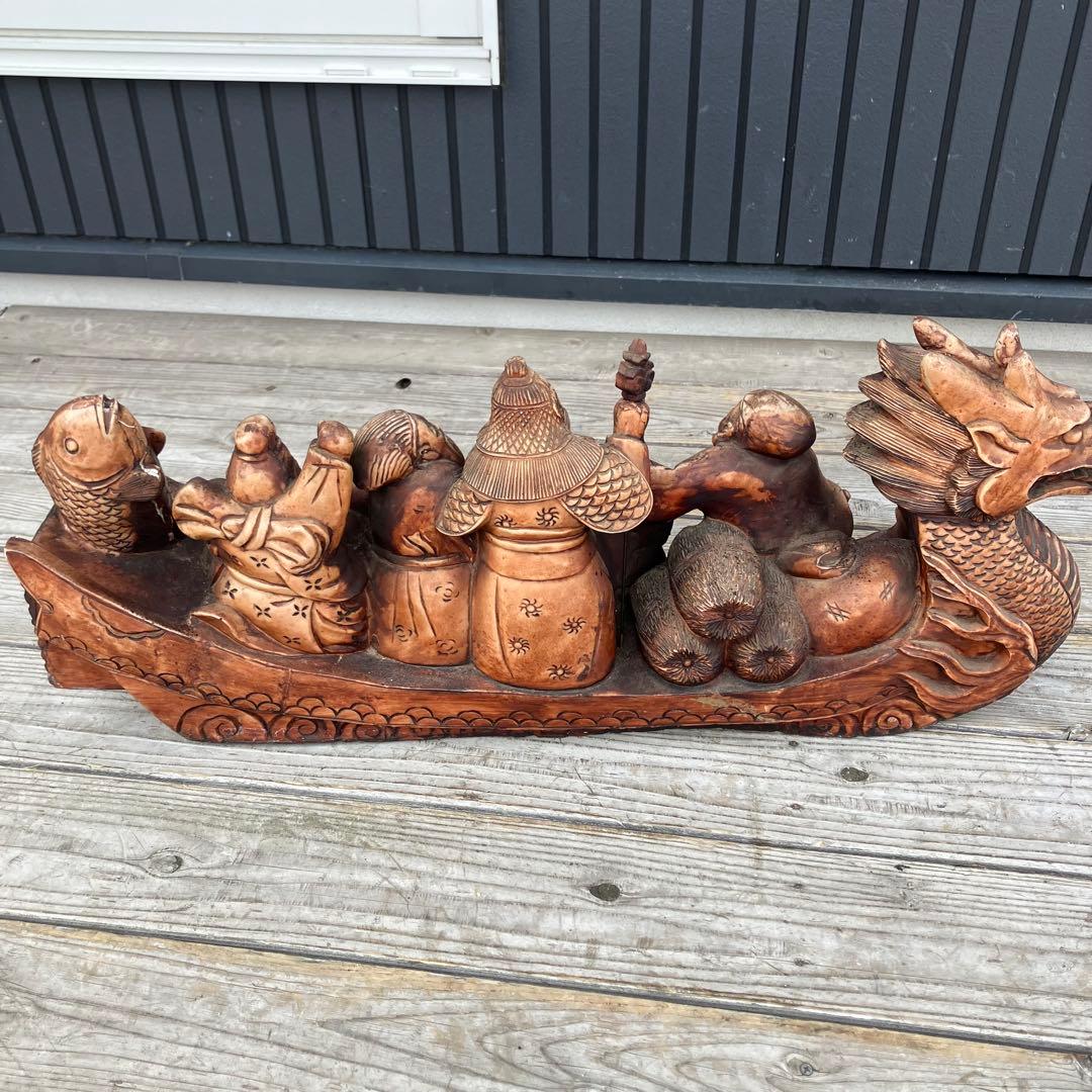 昭和レトロ 精密彫刻 大型 七福神 龍の船 宝船 縁起物 開運 置物 オブジェ