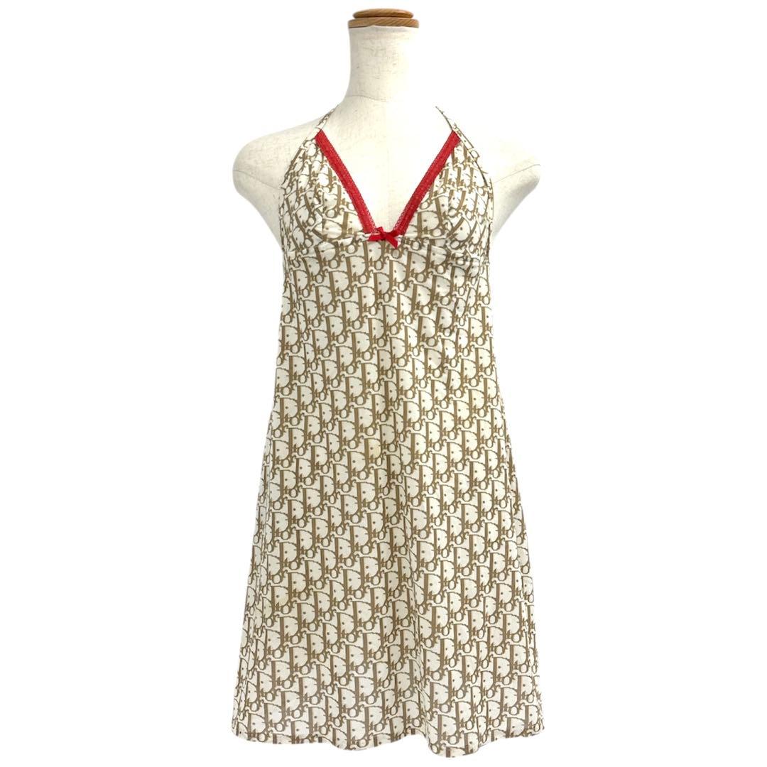美品　Christian Dior　キャミソール　ロゴ　リボン　M　ベージュ