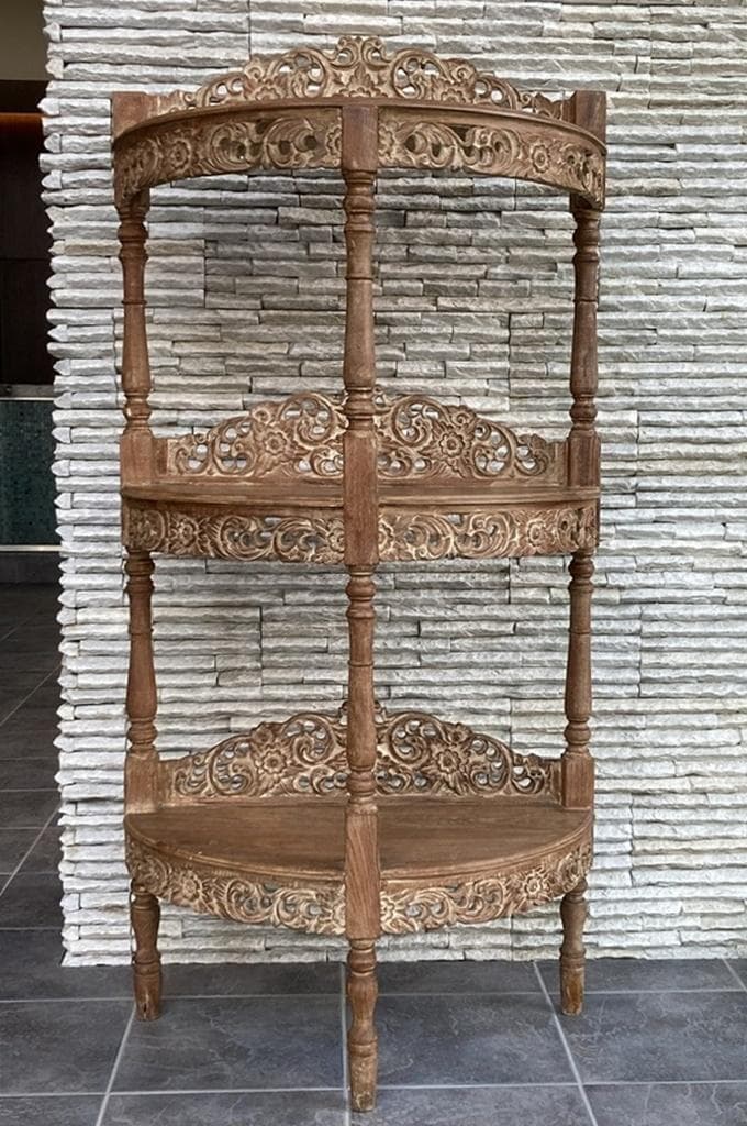 インドネシア　３段　飾り棚　木製　シェルフ　彫刻装飾