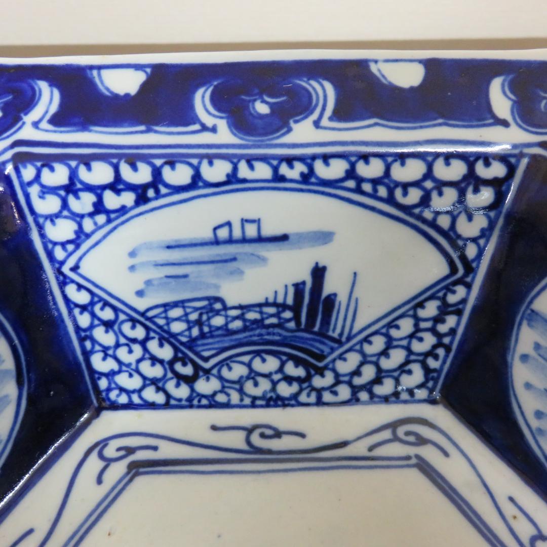 角鉢 丼 染付 古伊万里 蛇の目 帆掛け船 扇窓 印判