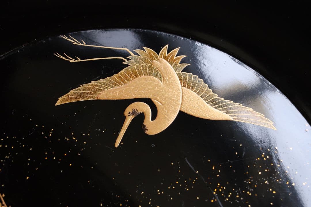 MA218 時代漆器 松竹梅鶴金蒔絵 縁唐草 黒塗 大徳寺盆 二客 菓子盆 木皿