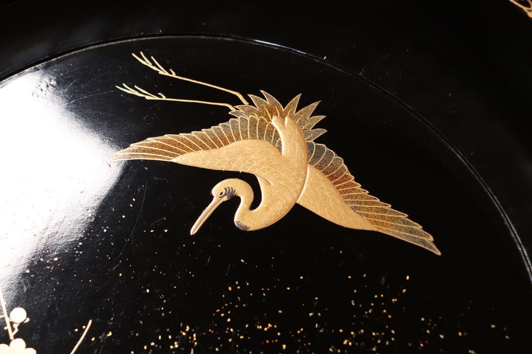 MA218 時代漆器 松竹梅鶴金蒔絵 縁唐草 黒塗 大徳寺盆 二客 菓子盆 木皿