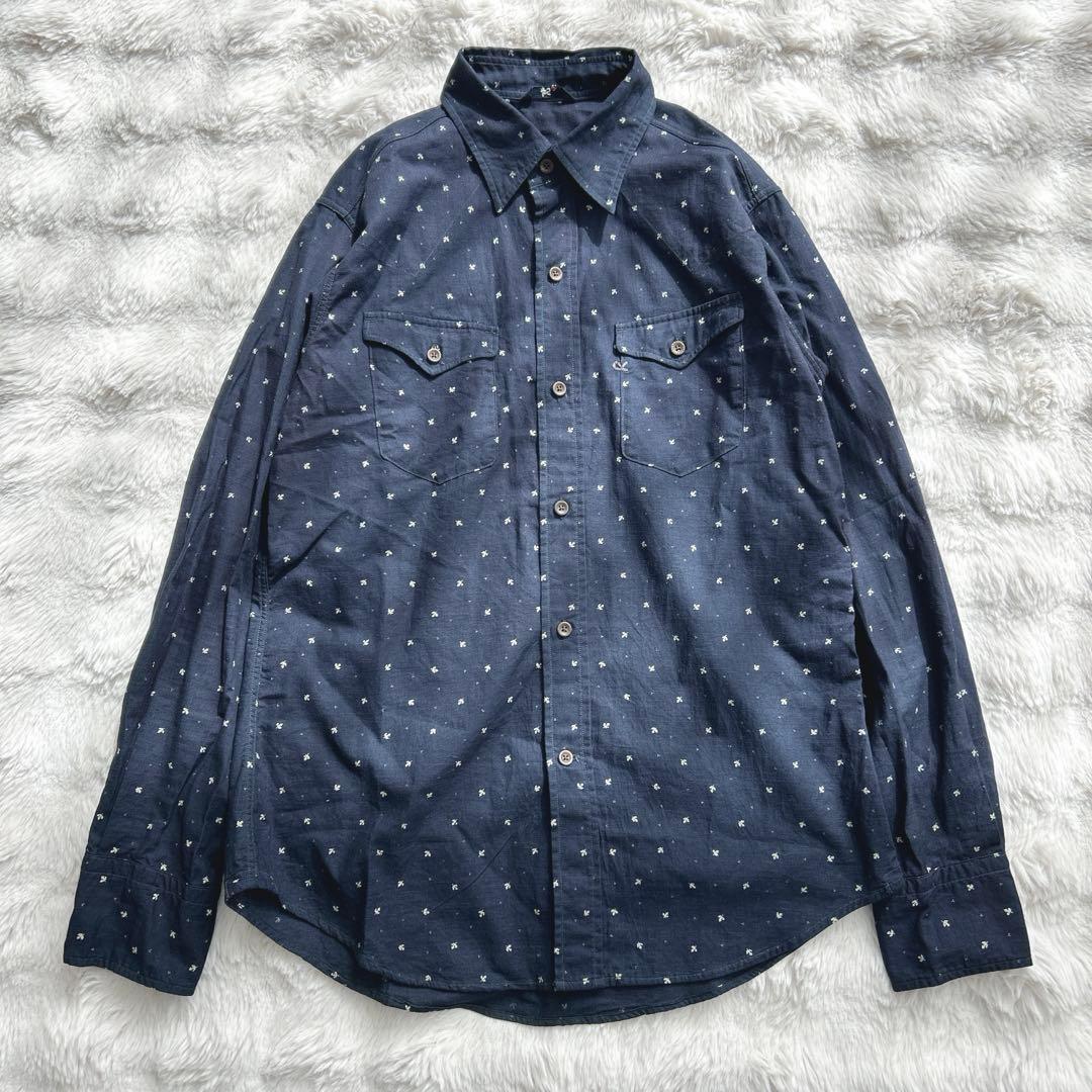 45R★総柄　インディゴ染　シャツ　ブラウス　コットン　藍色