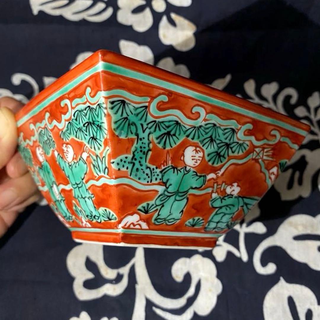 京焼　叶松谷　嘉靖意赤絵唐子画　向付　中国古玩大明嘉靖年製写し　二客組　清水焼