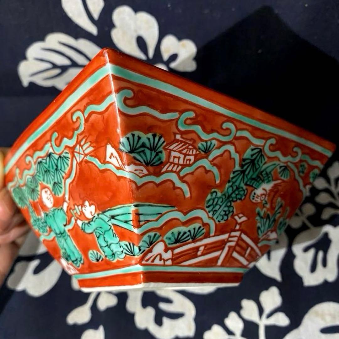 京焼　叶松谷　嘉靖意赤絵唐子画　向付　中国古玩大明嘉靖年製写し　二客組　清水焼